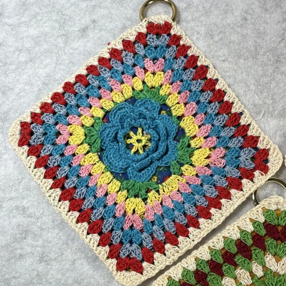 Handmade Crocheted Granny Square Potholders Set of 3 Multicolor w/ Rings